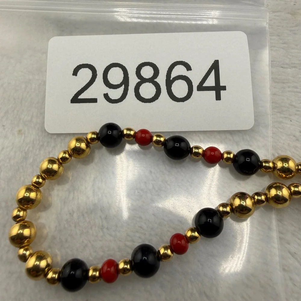Vintage Trifari Bracelet Gold Tone  Black Red Bead Fold Over Clasp 6.5